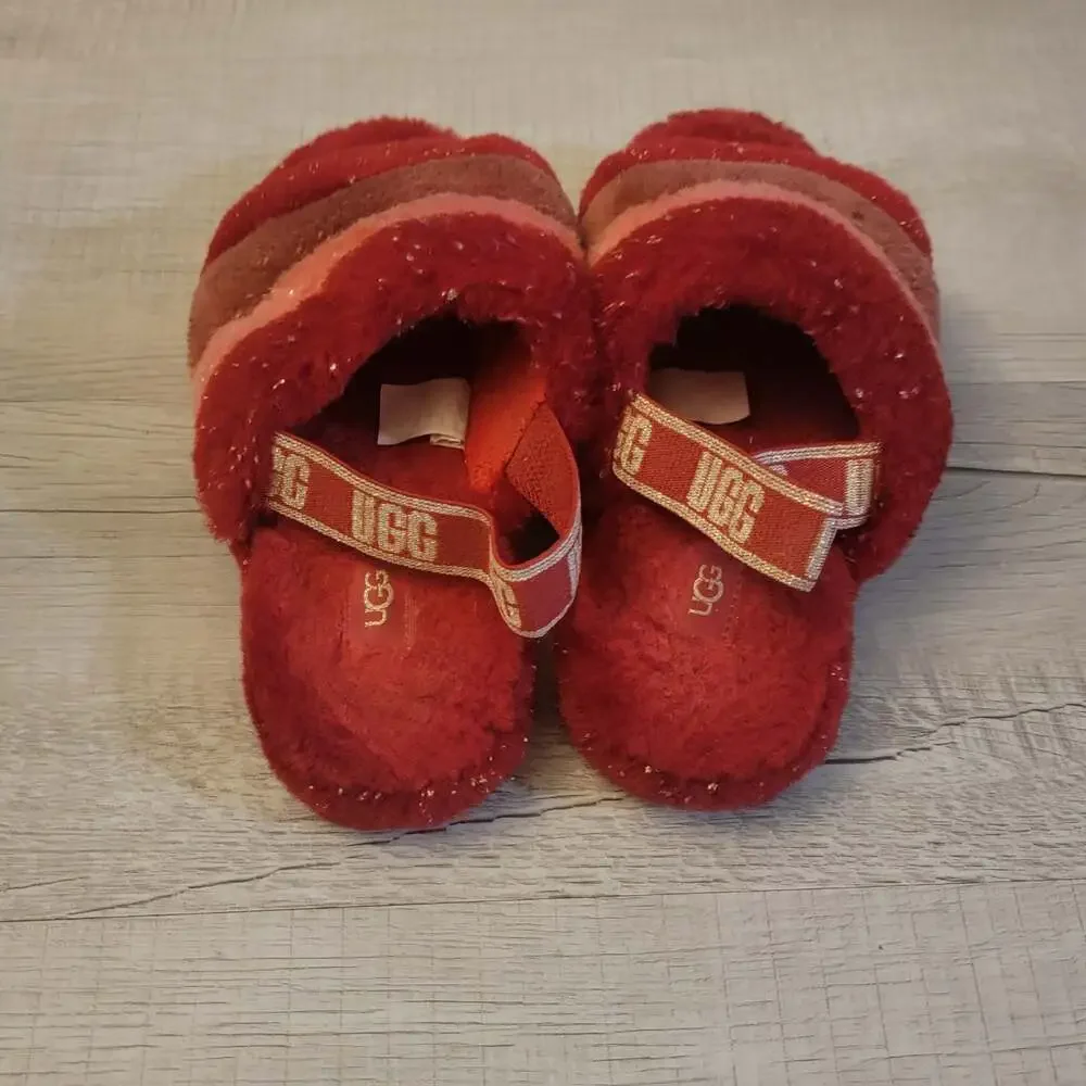 UGG Girls Fluff Yeah Metallic Sparkle Slippers in Red Multi